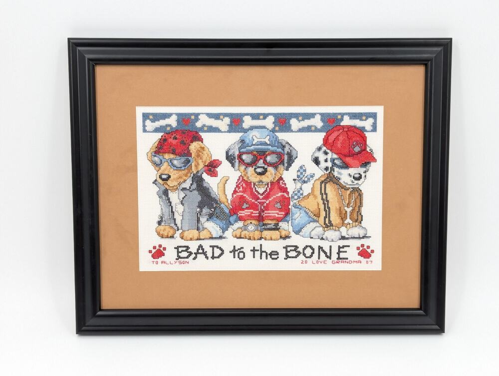 Design Works Cross Stitch Bad To The Bone Puppy Dogs Finished Framed Art 19"x15"